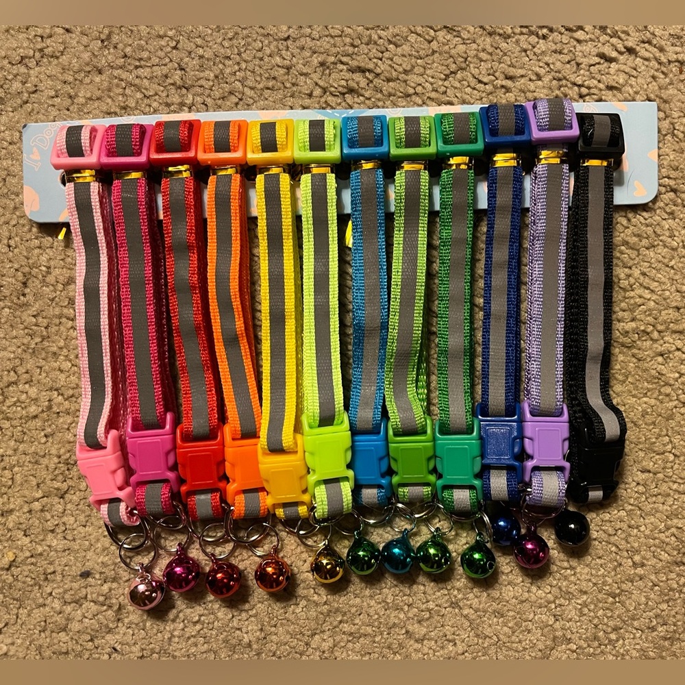 Set of 12 Breakaway Nylon Reflective Cat Collars with Bells - Rainbow Colors